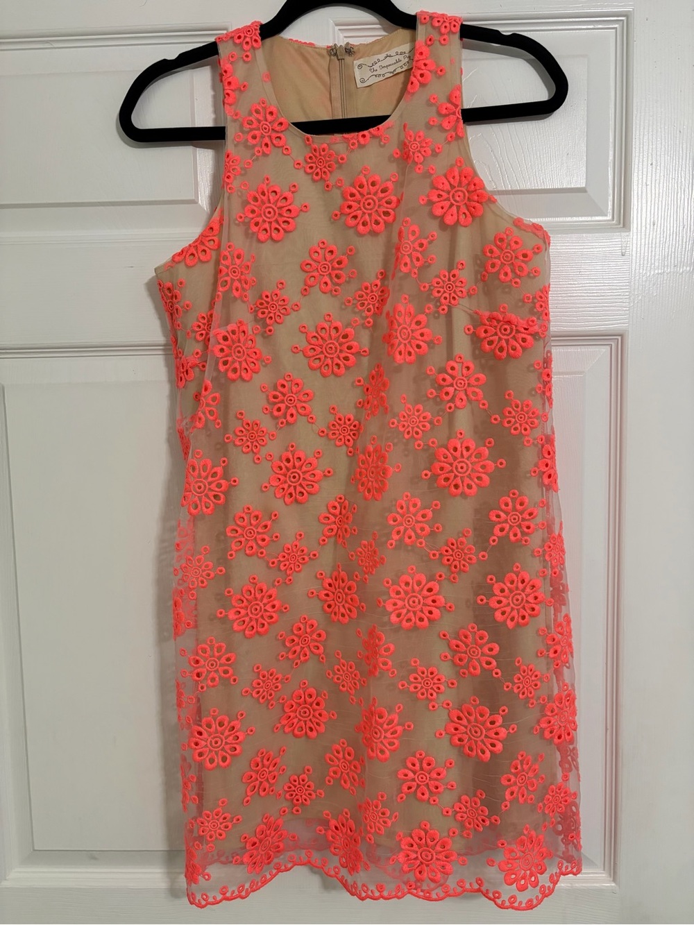 Sleeveless Neon Coral Lace Overlay Shift Dress